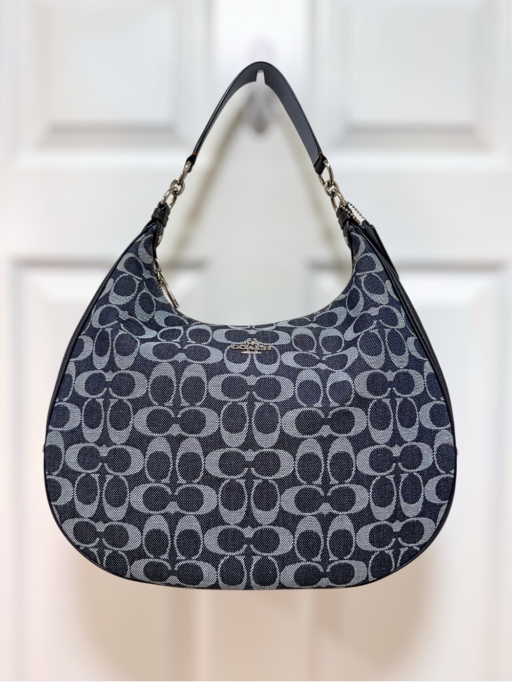 Coach Harley Signature Denim Jacquard Navy Leather Large Hobo